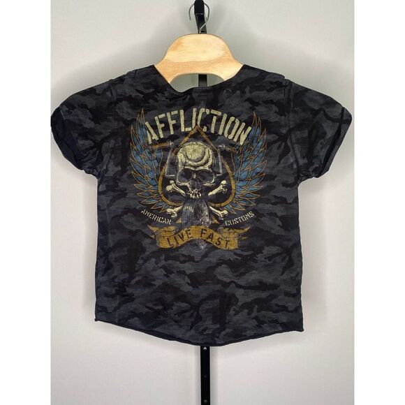 Women's Affliction dark camo graphic short sleeve blouse size small - Picture 4 of 4